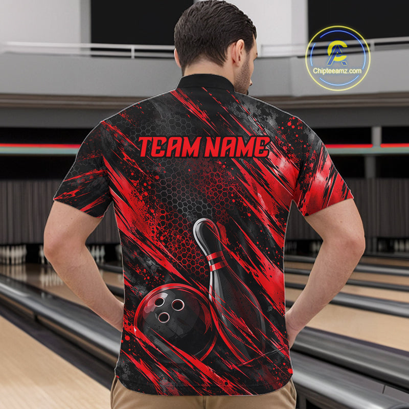 Personalized Red Splatter Hexagon Bowling Polo 1/4-Zip Custom Bowling Team Tournament Shirts
