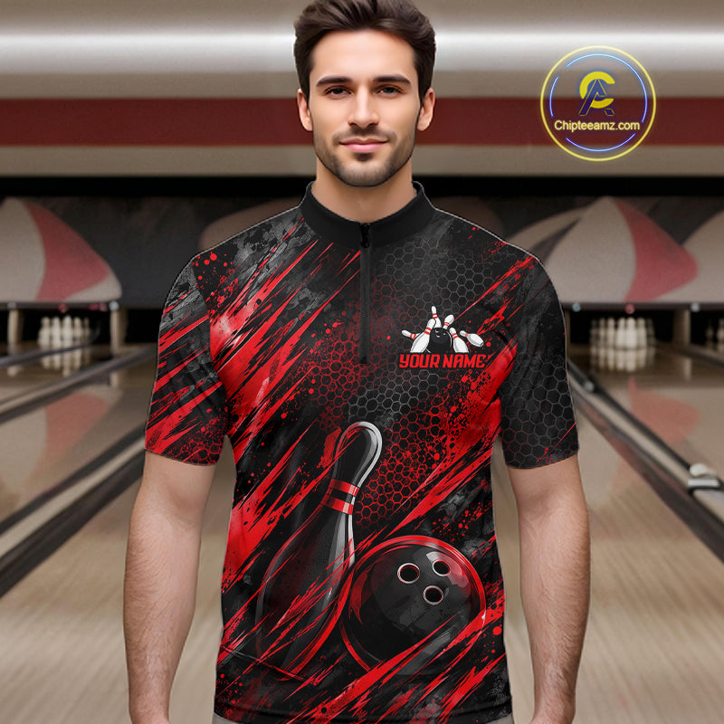 Personalized Red Splatter Hexagon Bowling Polo 1/4-Zip Custom Bowling Team Tournament Shirts