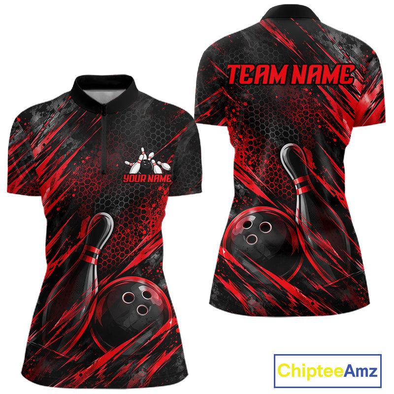 Personalized Red Splatter Hexagon Bowling Polo 1/4-Zip Custom Bowling Team Tournament Shirts