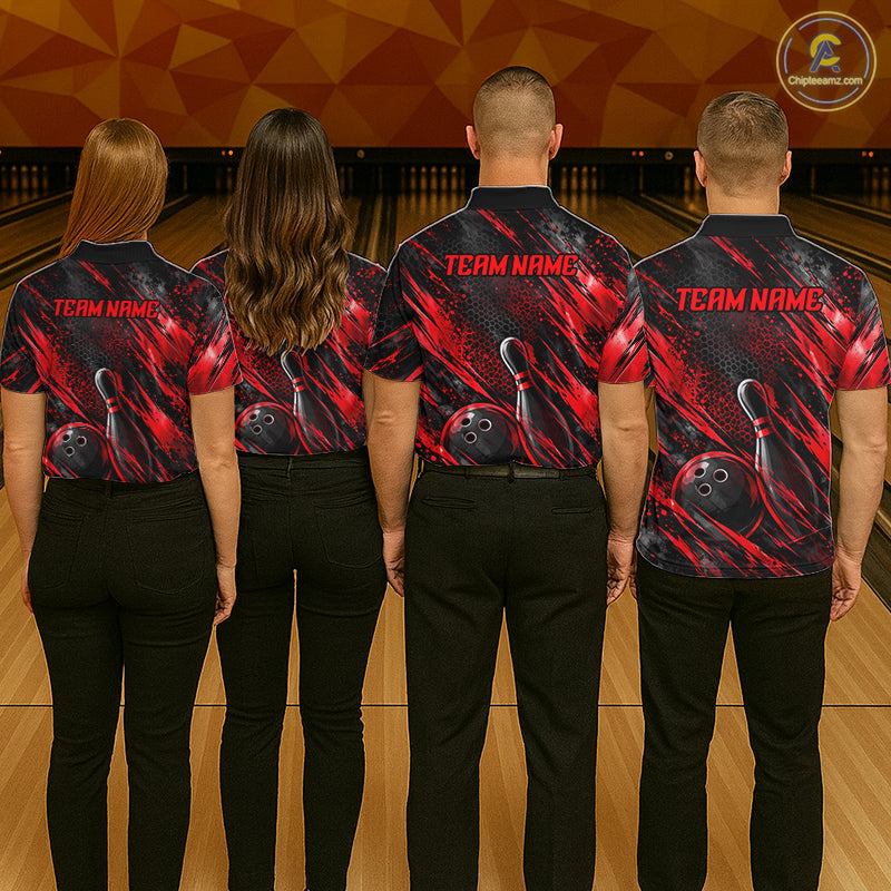 Personalized Red Splatter Hexagon Bowling Polo 1/4-Zip Custom Bowling Team Tournament Shirts