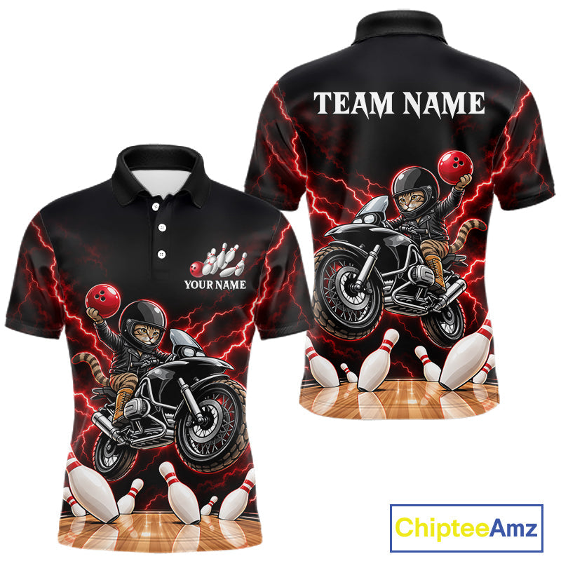 Custom Funny Racing Cat Bowling Shirt Red Thunder Bowling Polo 1/4-Zip Team Jersey