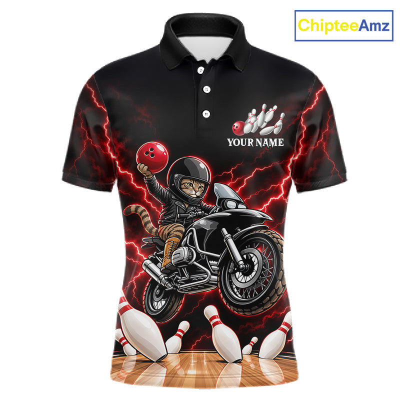 Custom Funny Racing Cat Bowling Shirt Red Thunder Bowling Polo 1/4-Zip Team Jersey