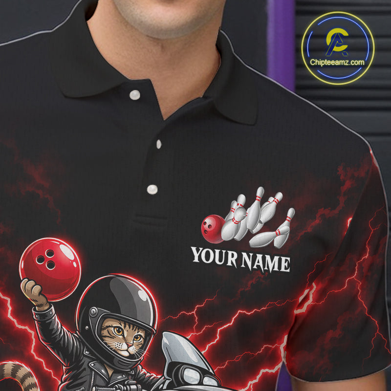 Custom Funny Racing Cat Bowling Shirt Red Thunder Bowling Polo 1/4-Zip Team Jersey