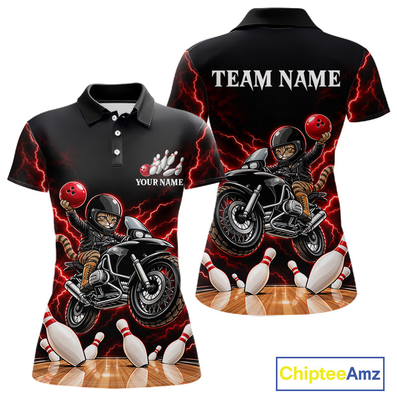 Custom Funny Racing Cat Bowling Shirt Red Thunder Bowling Polo 1/4-Zip Team Jersey