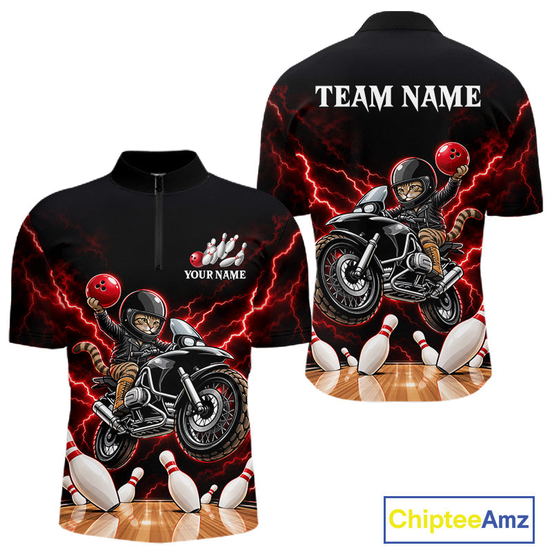Custom Funny Racing Cat Bowling Shirt Red Thunder Bowling Polo 1/4-Zip Team Jersey