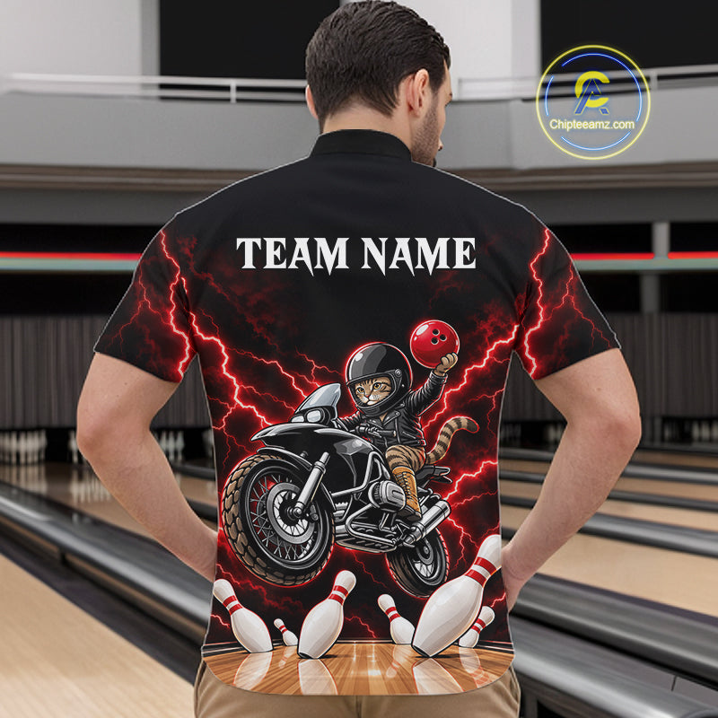 Custom Funny Racing Cat Bowling Shirt Red Thunder Bowling Polo 1/4-Zip Team Jersey