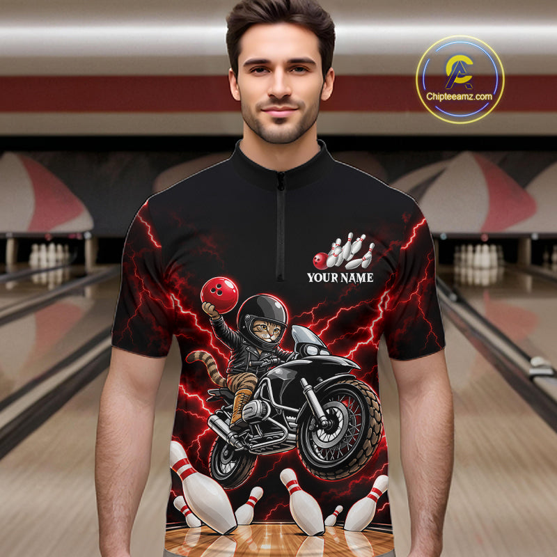 Custom Funny Racing Cat Bowling Shirt Red Thunder Bowling Polo 1/4-Zip Team Jersey