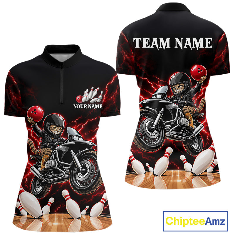 Custom Funny Racing Cat Bowling Shirt Red Thunder Bowling Polo 1/4-Zip Team Jersey