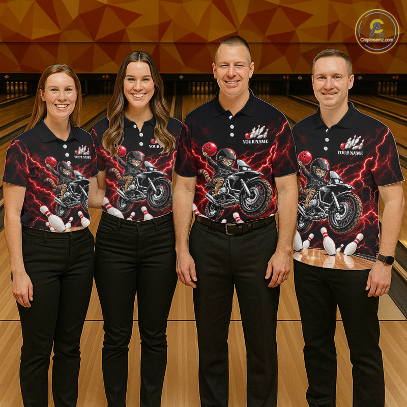 Custom Funny Racing Cat Bowling Shirt Red Thunder Bowling Polo 1/4-Zip Team Jersey