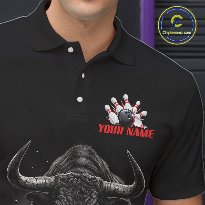 Funny Bowling Polo 1/4-Zip Shirt Angry Bull Bowling Jersey Custom Bowling Tournament Shirt