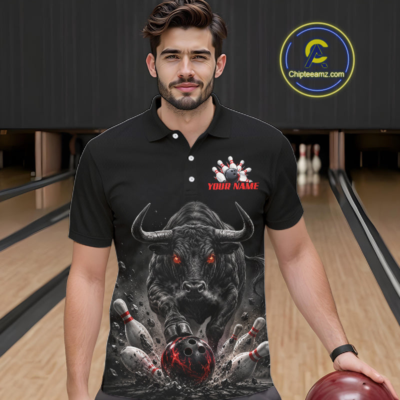Funny Bowling Polo 1/4-Zip Shirt Angry Bull Bowling Jersey Custom Bowling Tournament Shirt