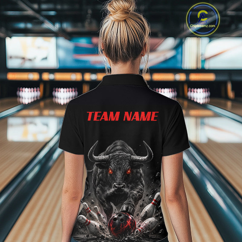 Funny Bowling Polo 1/4-Zip Shirt Angry Bull Bowling Jersey Custom Bowling Tournament Shirt