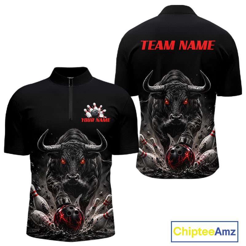 Funny Bowling Polo 1/4-Zip Shirt Angry Bull Bowling Jersey Custom Bowling Tournament Shirt