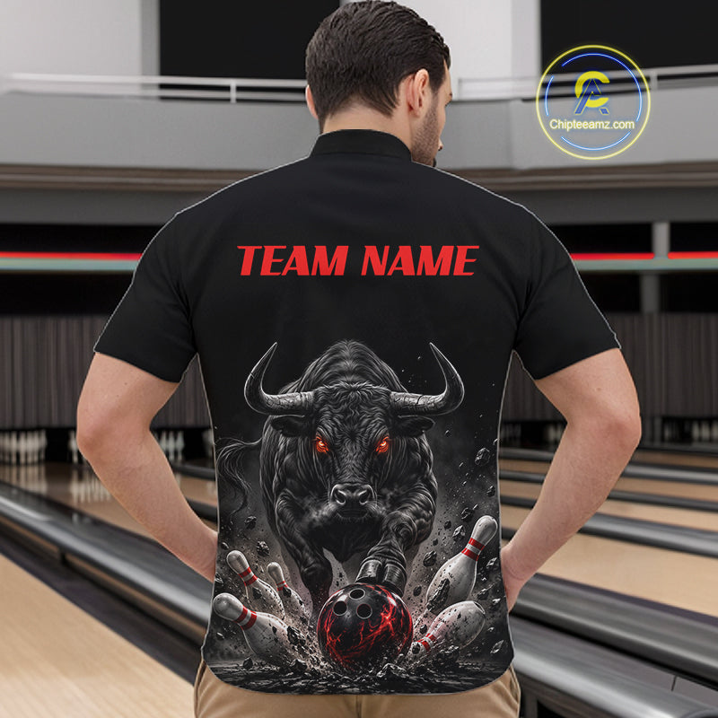 Funny Bowling Polo 1/4-Zip Shirt Angry Bull Bowling Jersey Custom Bowling Tournament Shirt