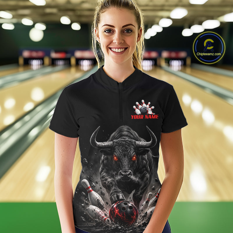 Funny Bowling Polo 1/4-Zip Shirt Angry Bull Bowling Jersey Custom Bowling Tournament Shirt