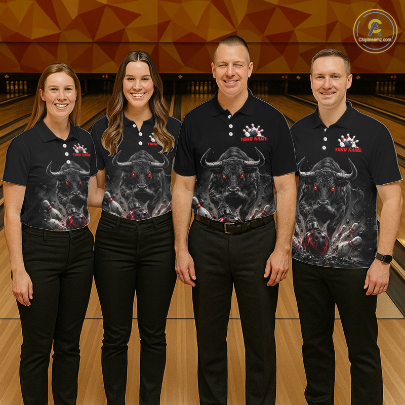 Funny Bowling Polo 1/4-Zip Shirt Angry Bull Bowling Jersey Custom Bowling Tournament Shirt