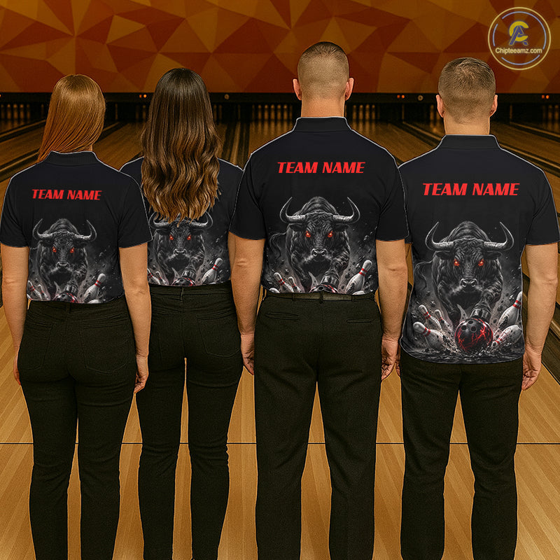 Funny Bowling Polo 1/4-Zip Shirt Angry Bull Bowling Jersey Custom Bowling Tournament Shirt