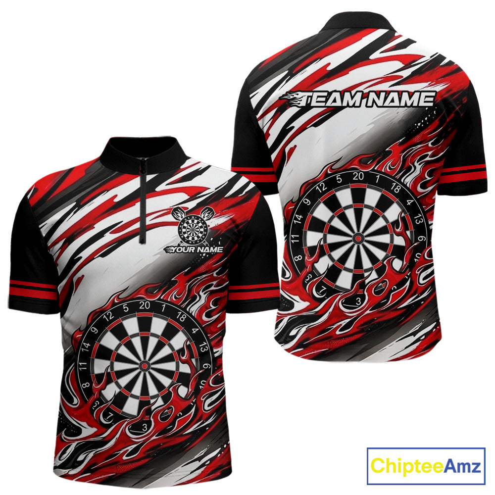 Black And Red Dartboard Fire Flame Darts Team Shirt Custom Darts Polo 1/4-Zip Jersey