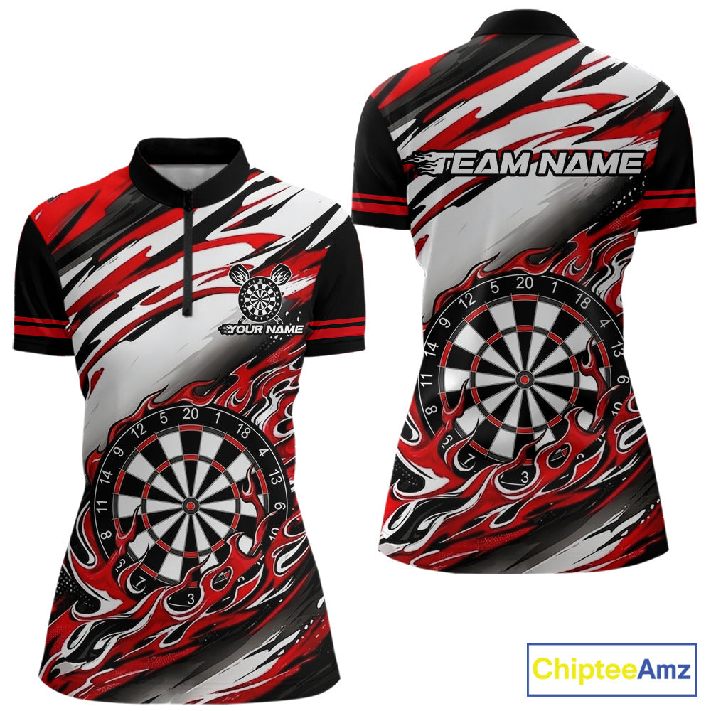 Black And Red Dartboard Fire Flame Darts Team Shirt Custom Darts Polo 1/4-Zip Jersey