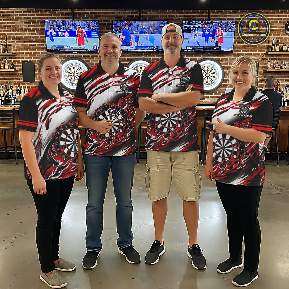 Black And Red Dartboard Fire Flame Darts Team Shirt Custom Darts Polo 1/4-Zip Jersey