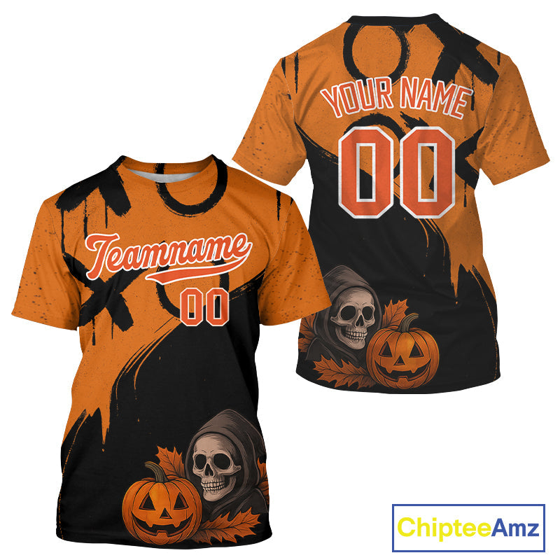 Custom Skeleton Pumpkin Baseball Halloween T-Shirt Outfits Skull Baseball Shirts