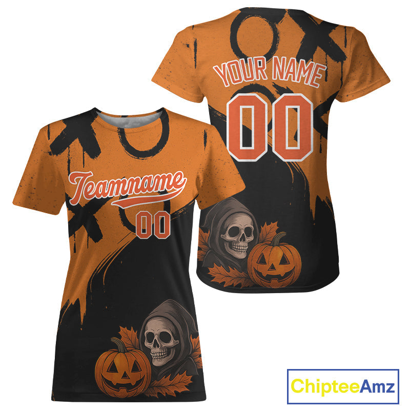 Custom Skeleton Pumpkin Baseball Halloween T-Shirt Outfits Skull Baseball Shirts