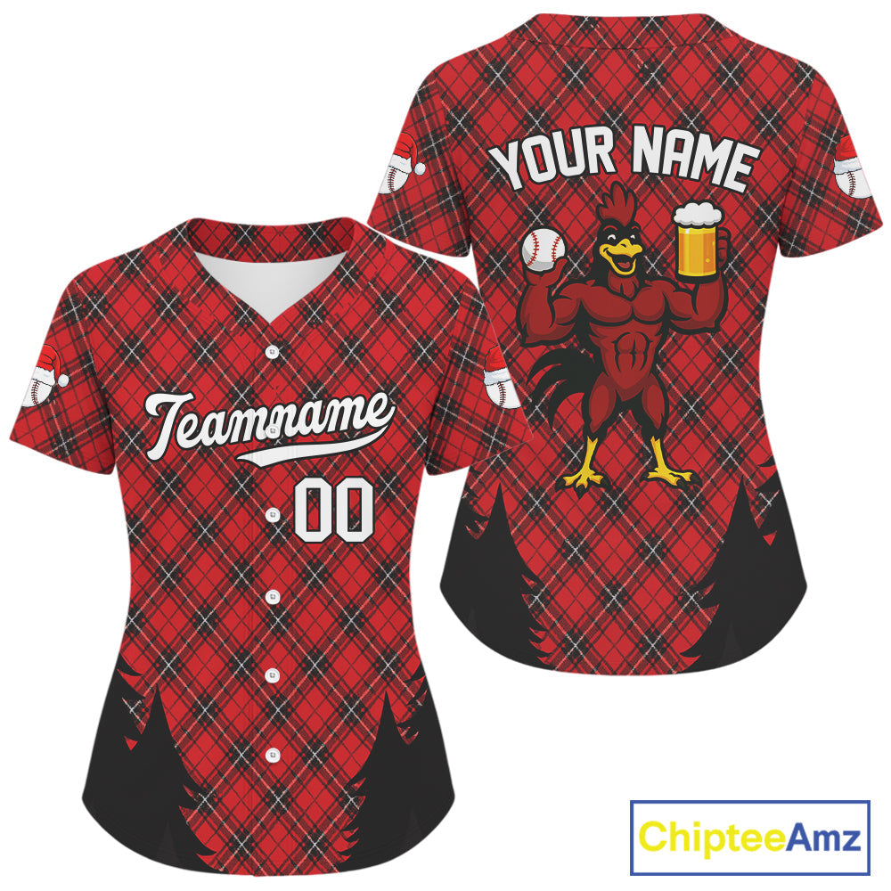 Custom Red Caro Funny Rooster Baseball Christmas Shirt Xmas Funny Baseball Jerseys