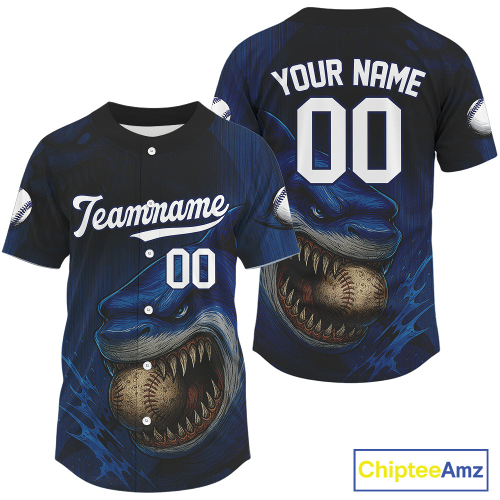 Custom Blue Funny Shark Baseball Ball Shirt Horror Grunge Baseball Jerseys