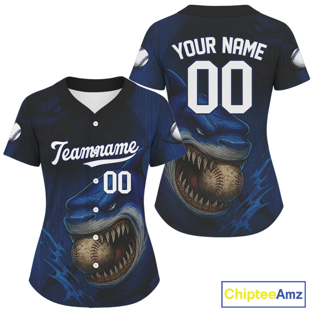 Custom Blue Funny Shark Baseball Ball Shirt Horror Grunge Baseball Jerseys