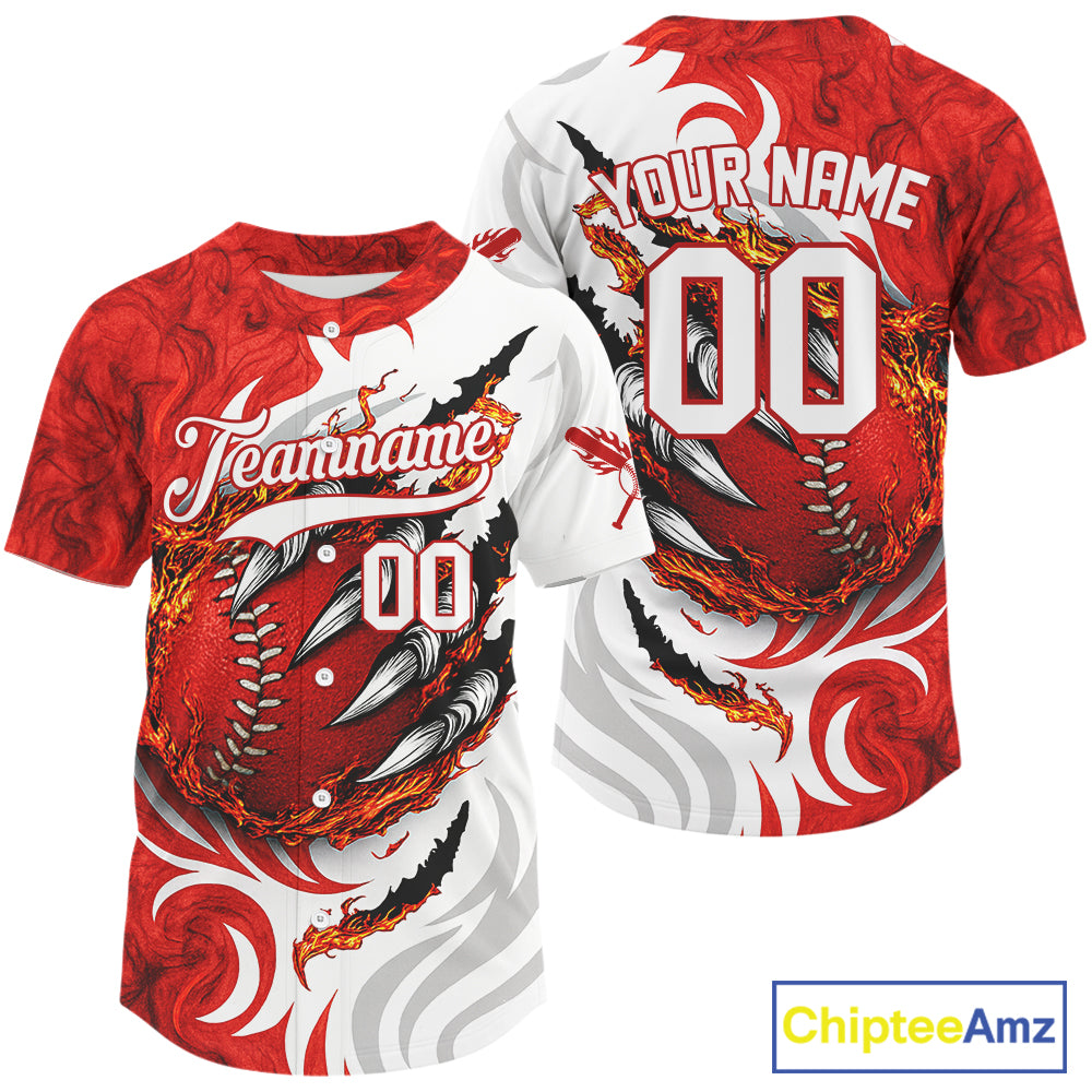 Custom White And Red Scracked Baseball Ball Shirt Fire Flames Baseball Jerseys