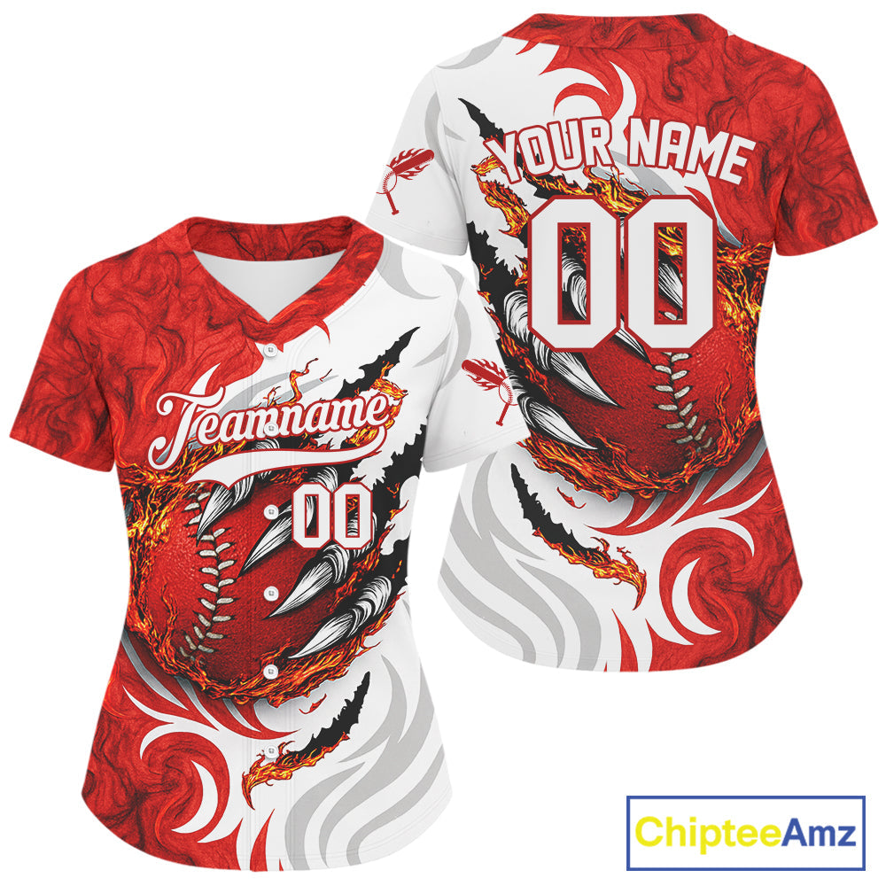 Custom White And Red Scracked Baseball Ball Shirt Fire Flames Baseball Jerseys