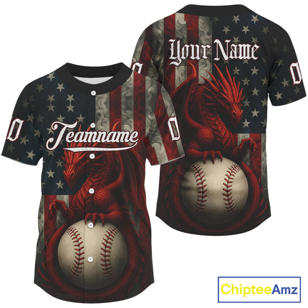 Custom Red Smoke Dragon Patriotic Baseball Shirt US Flag Baseball Jerseys