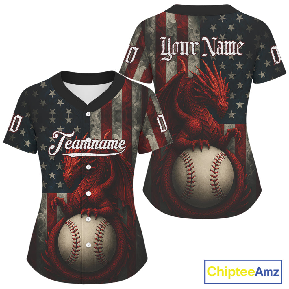 Custom Red Smoke Dragon Patriotic Baseball Shirt US Flag Baseball Jerseys
