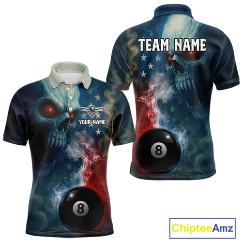 US Flag Smoke 8 Ball Billiard Polo & 1/4-Zip Shirt Custom Skull Pool Billiard Team Apparel