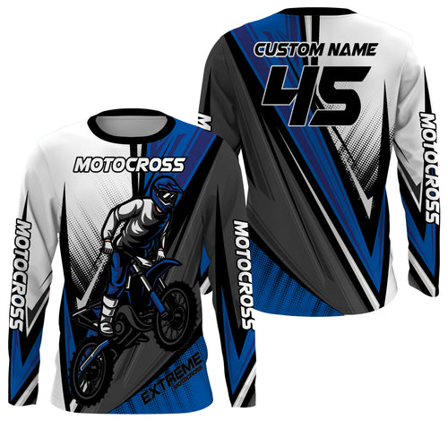 Personalized Motocross Jersey UPF 30+, Dirt Bike Motorcycle Off-Road Racing Long Sleeves - Blue