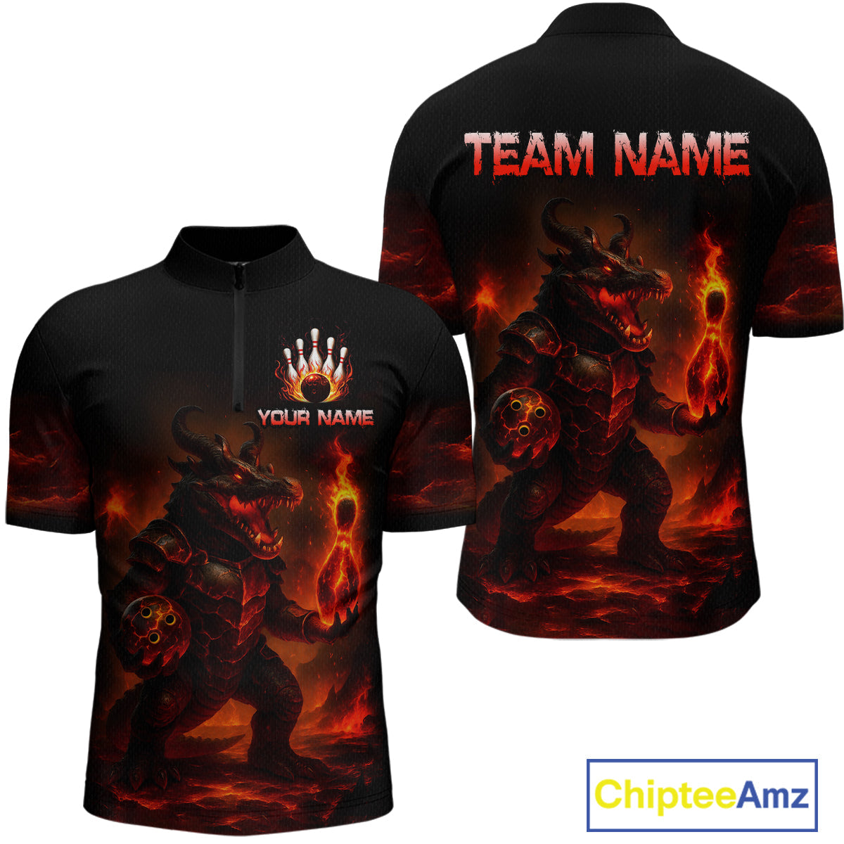 Personalized Red Flame Crocodile Bowling Team Shirt Polo & Quarter-Zip Bowling Outfit