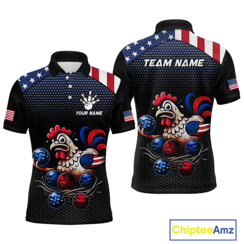 Custom American Flag Funny Chicken Bowling Team Jersey Polo Bowling Shirt Unisex