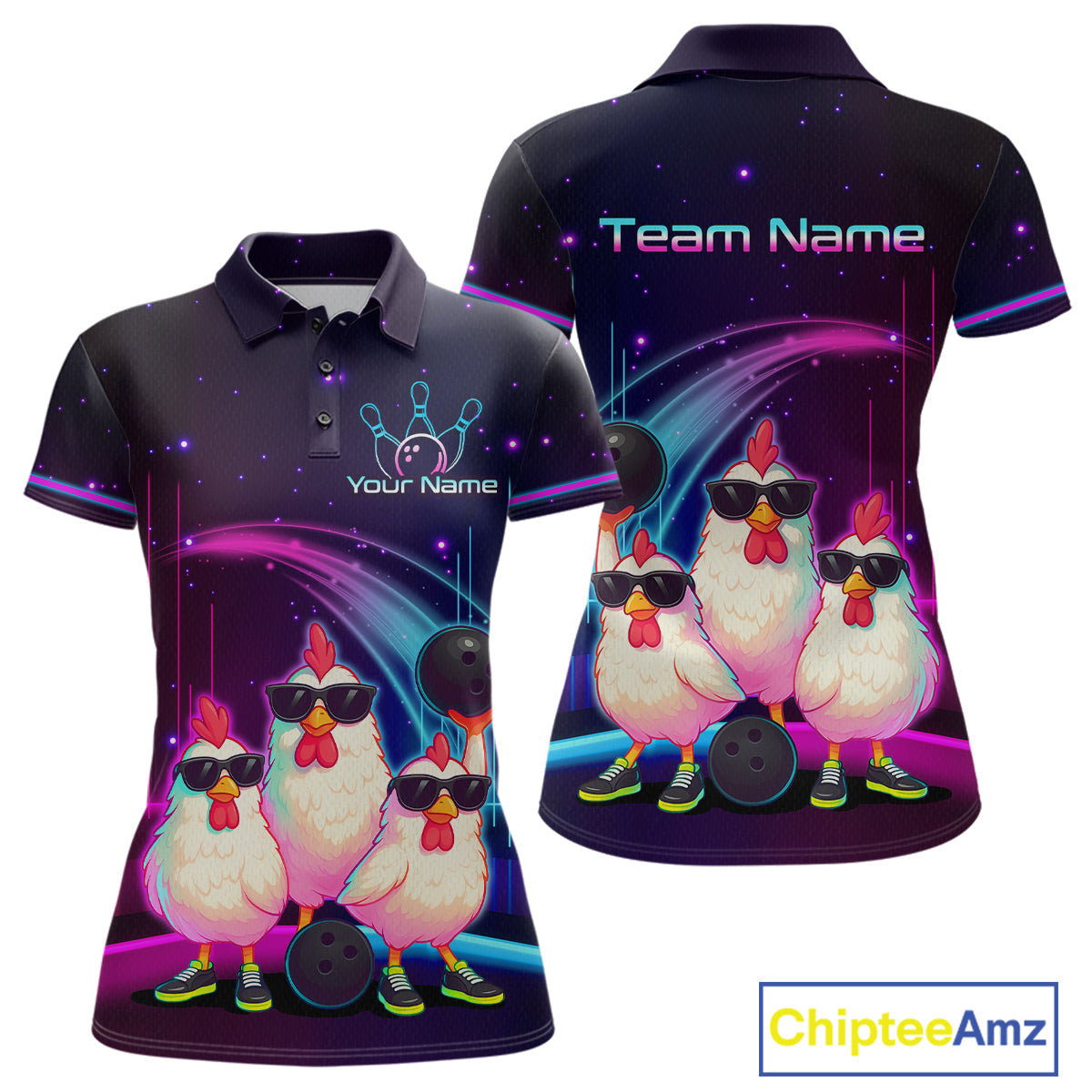 Neon Funny Family of Three Chicken Bowling Team Shirt Bowling League Jersey