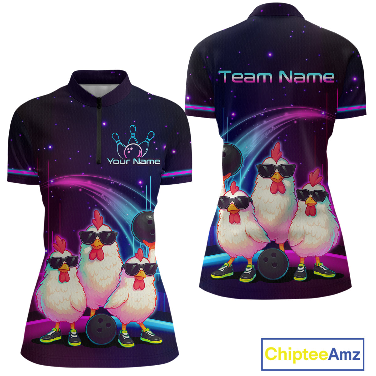 Neon Funny Family of Three Chicken Bowling Team Shirt Bowling League Jersey