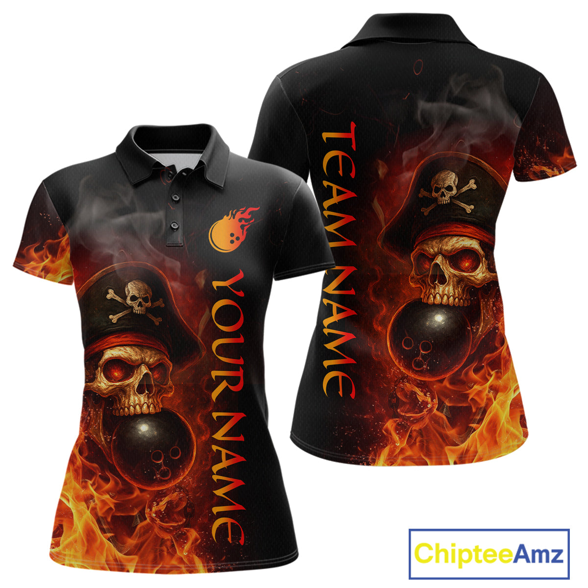 Orange Flame Pirate Skull Bowling Team Shirt Bowling League Jersey Polo Bowling Outfit