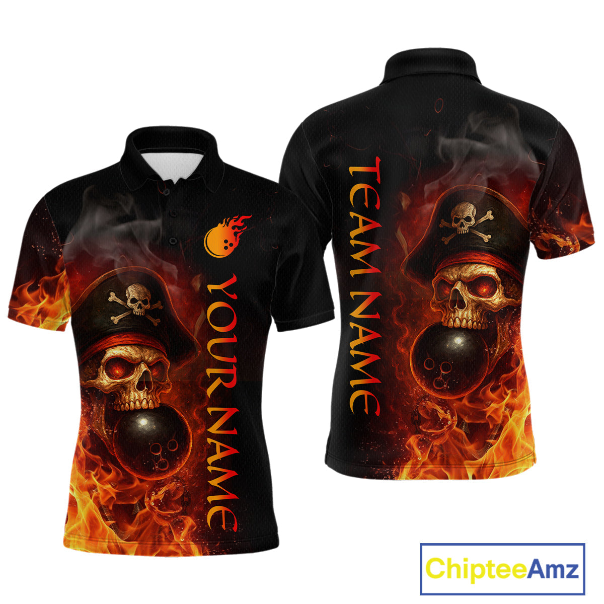 Orange Flame Pirate Skull Bowling Team Shirt Bowling League Jersey Polo Bowling Outfit