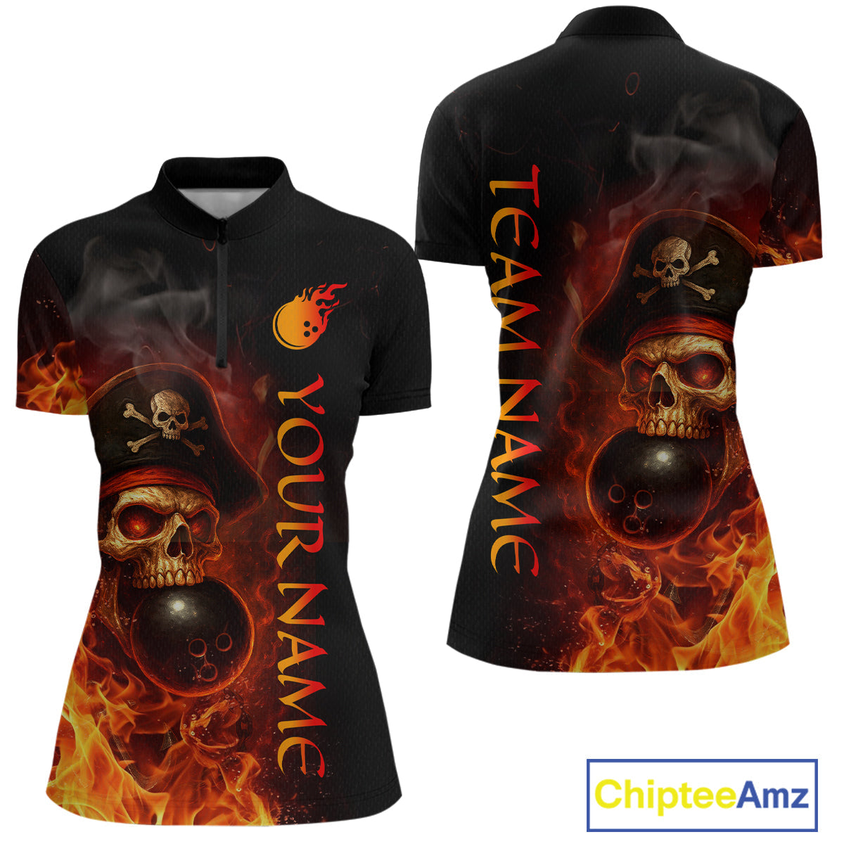 Orange Flame Pirate Skull Bowling Team Shirt Bowling League Jersey Polo Bowling Outfit