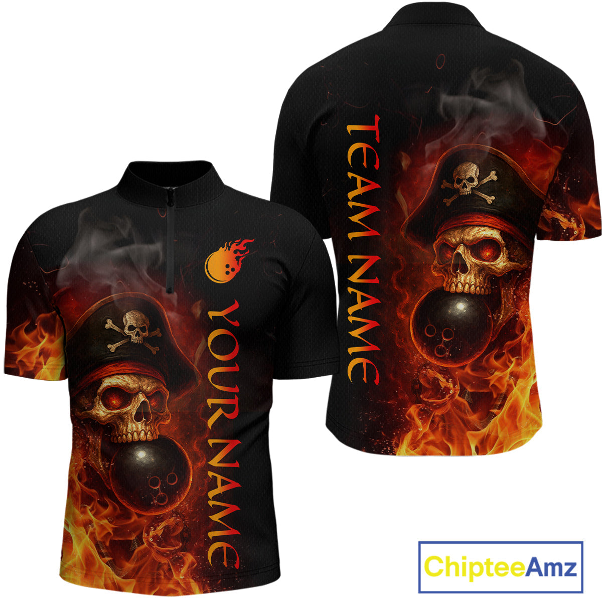 Orange Flame Pirate Skull Bowling Team Shirt Bowling League Jersey Polo Bowling Outfit