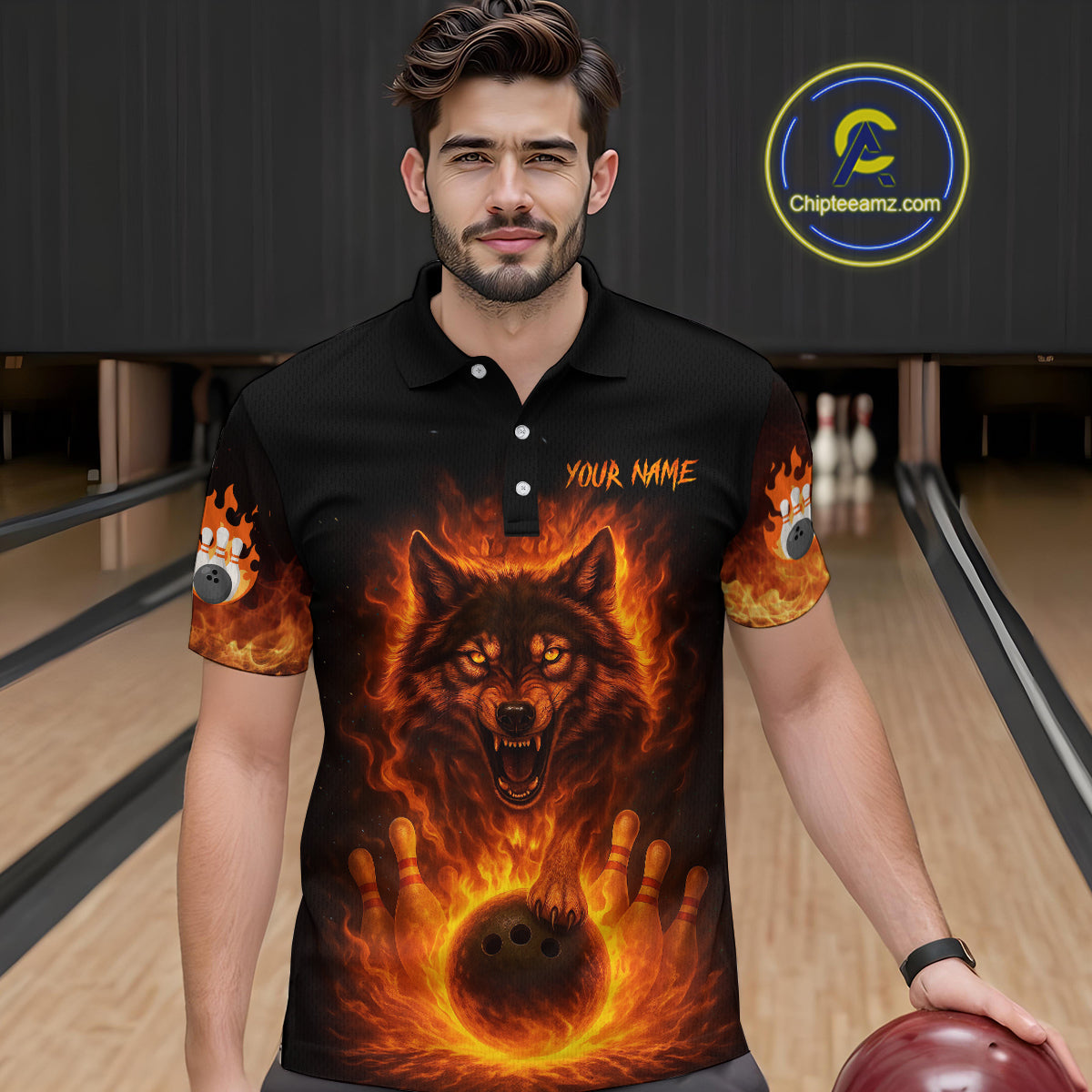 Orange Flame Wolf Bowling Shirt Custom Bowling Jersey League Polo & Quarter-Zip