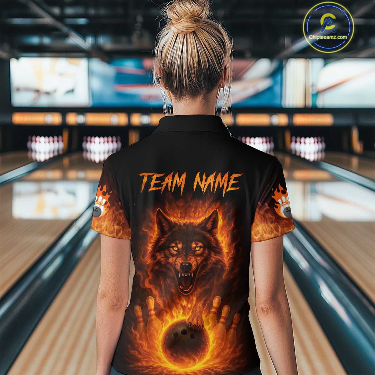Orange Flame Wolf Bowling Shirt Custom Bowling Jersey League Polo & Quarter-Zip