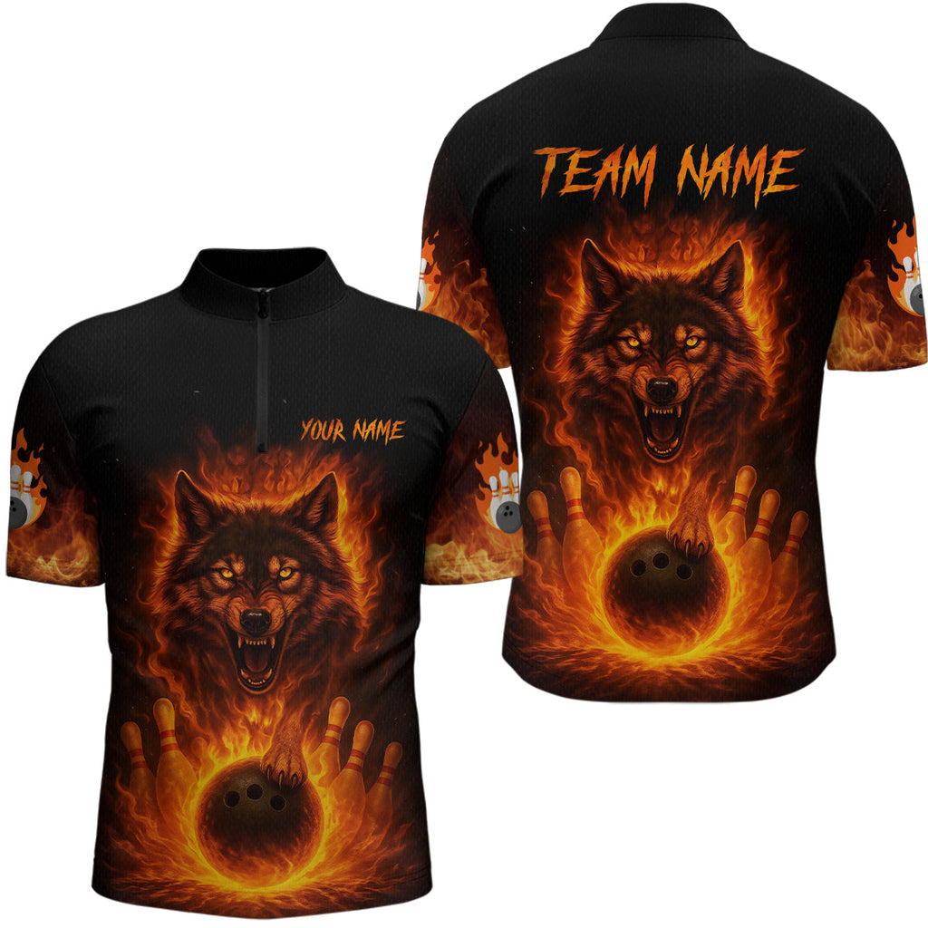 Orange Flame Wolf Bowling Shirt Custom Bowling Jersey League Polo & Quarter-Zip