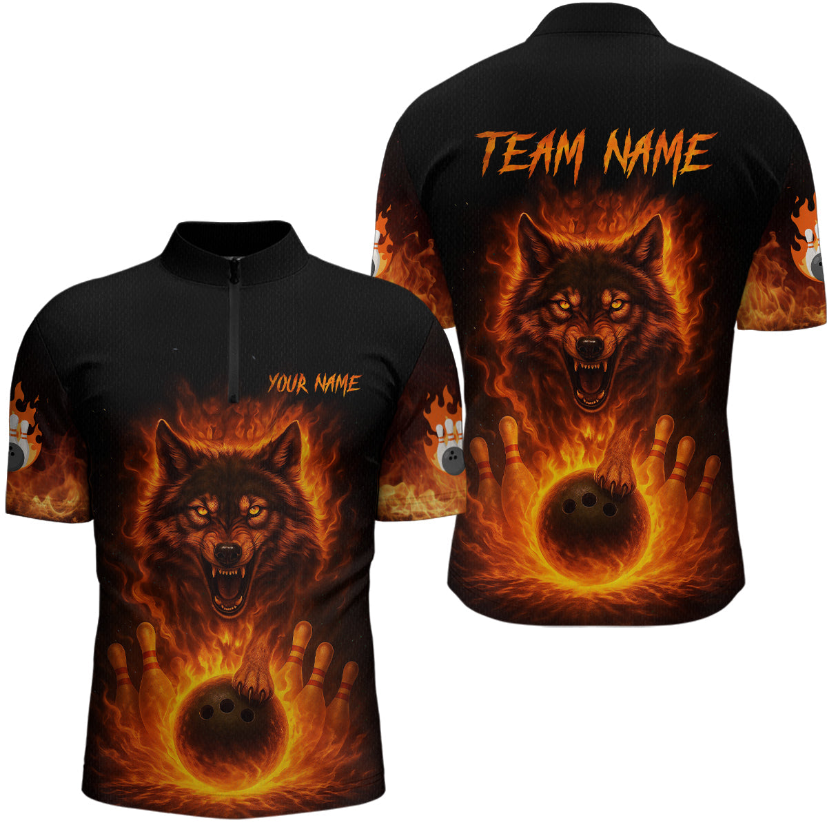 Orange Flame Wolf Bowling Shirt Custom Bowling Jersey League Polo & Quarter-Zip