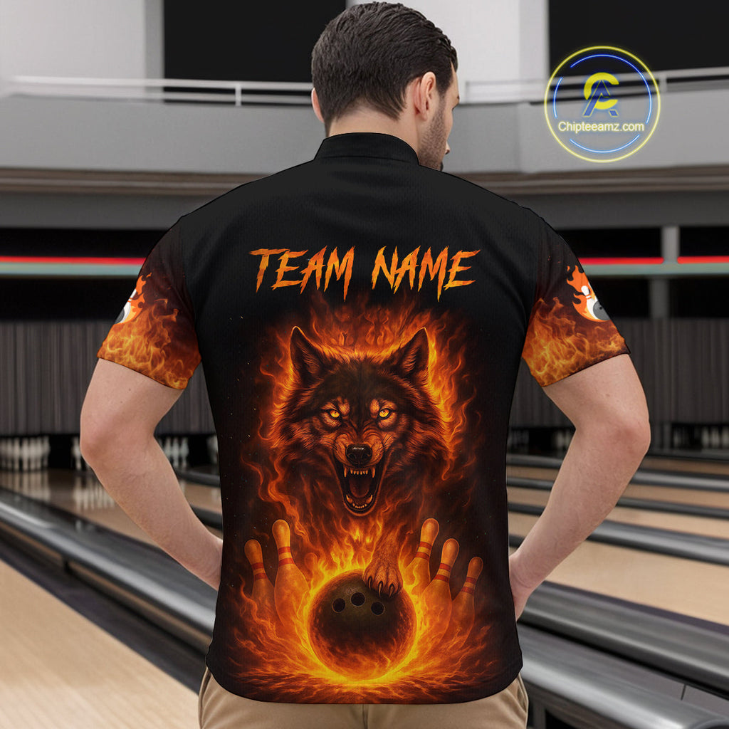 Orange Flame Wolf Bowling Shirt Custom Bowling Jersey League Polo & Quarter-Zip