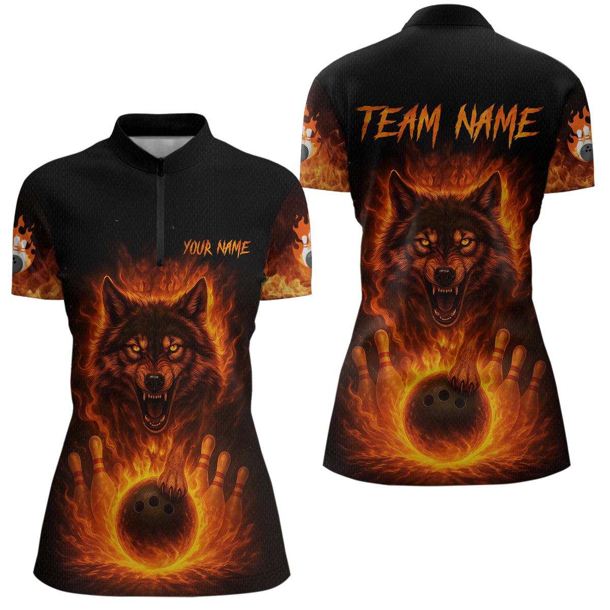 Orange Flame Wolf Bowling Shirt Custom Bowling Jersey League Polo & Quarter-Zip