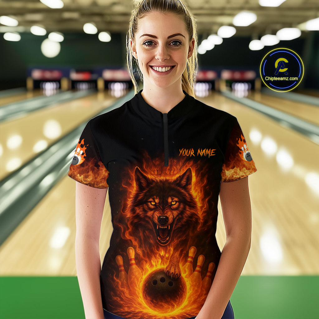 Orange Flame Wolf Bowling Shirt Custom Bowling Jersey League Polo & Quarter-Zip